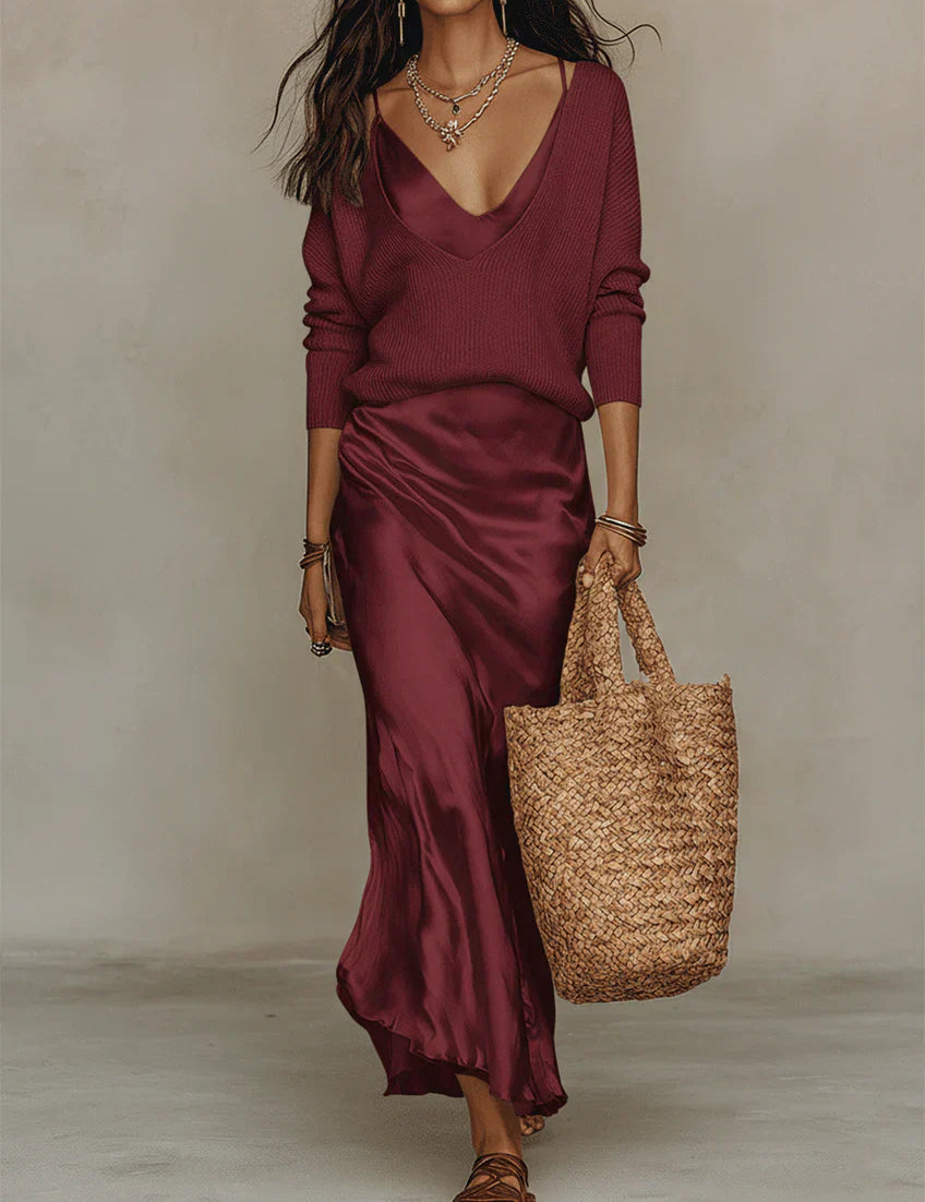 Elena | Midi Satin Dress with Included Sweater