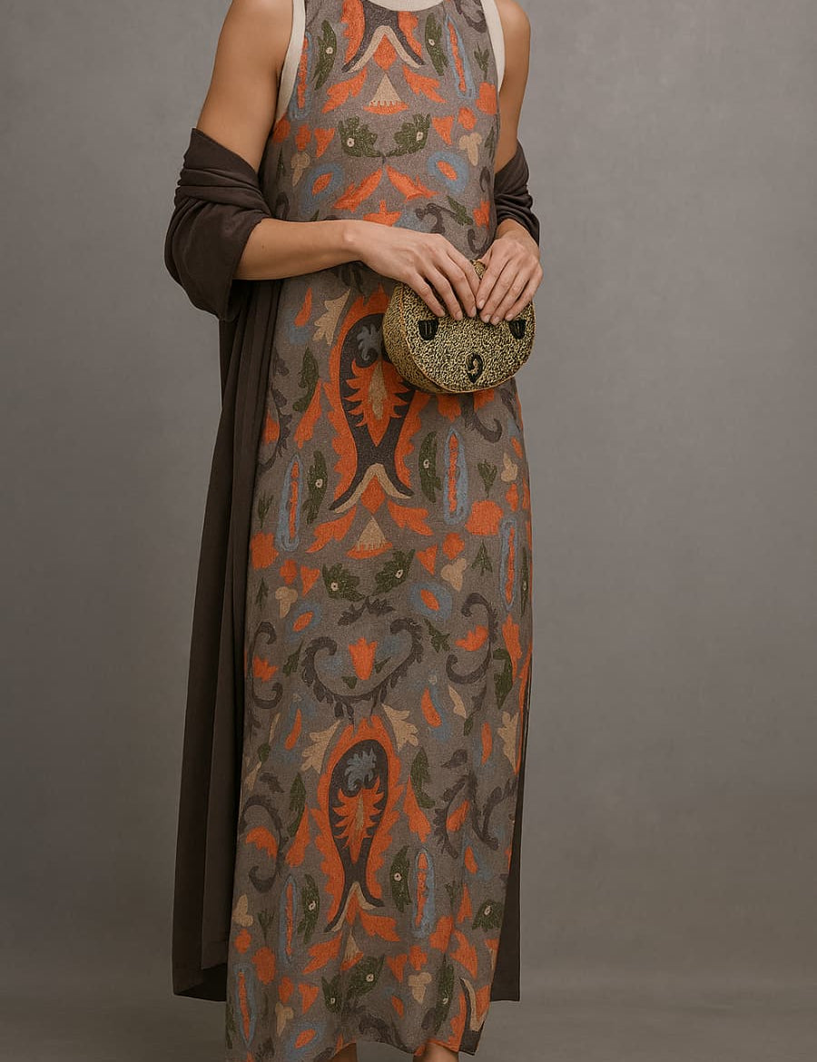 Élina | Ensemble robe longue imprimée avec gilet assorti