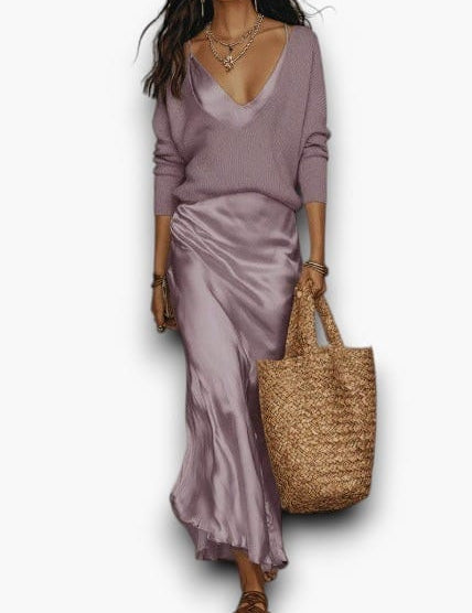 The Soft Hours Set — Knit Sweater & Satin Slip Dress