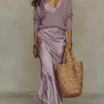 Elena | Midi Satin Dress with Included Sweater