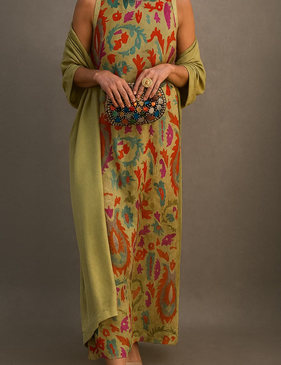 Élina | Ensemble robe longue imprimée avec gilet assorti