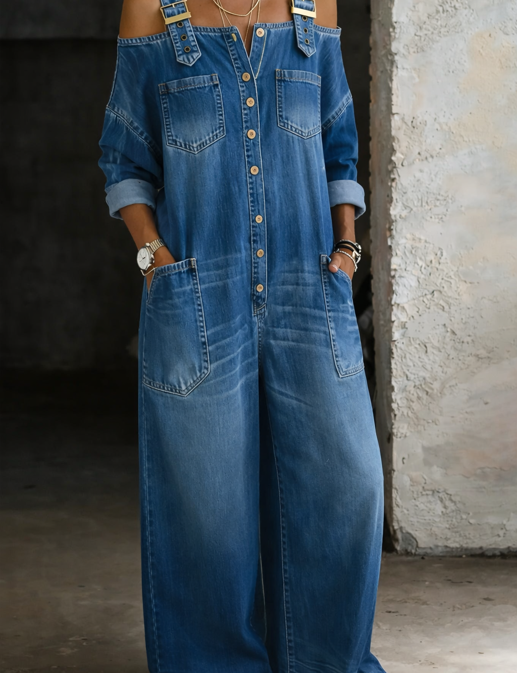 Sophia | Combinaison Denim Épaules Dénudées