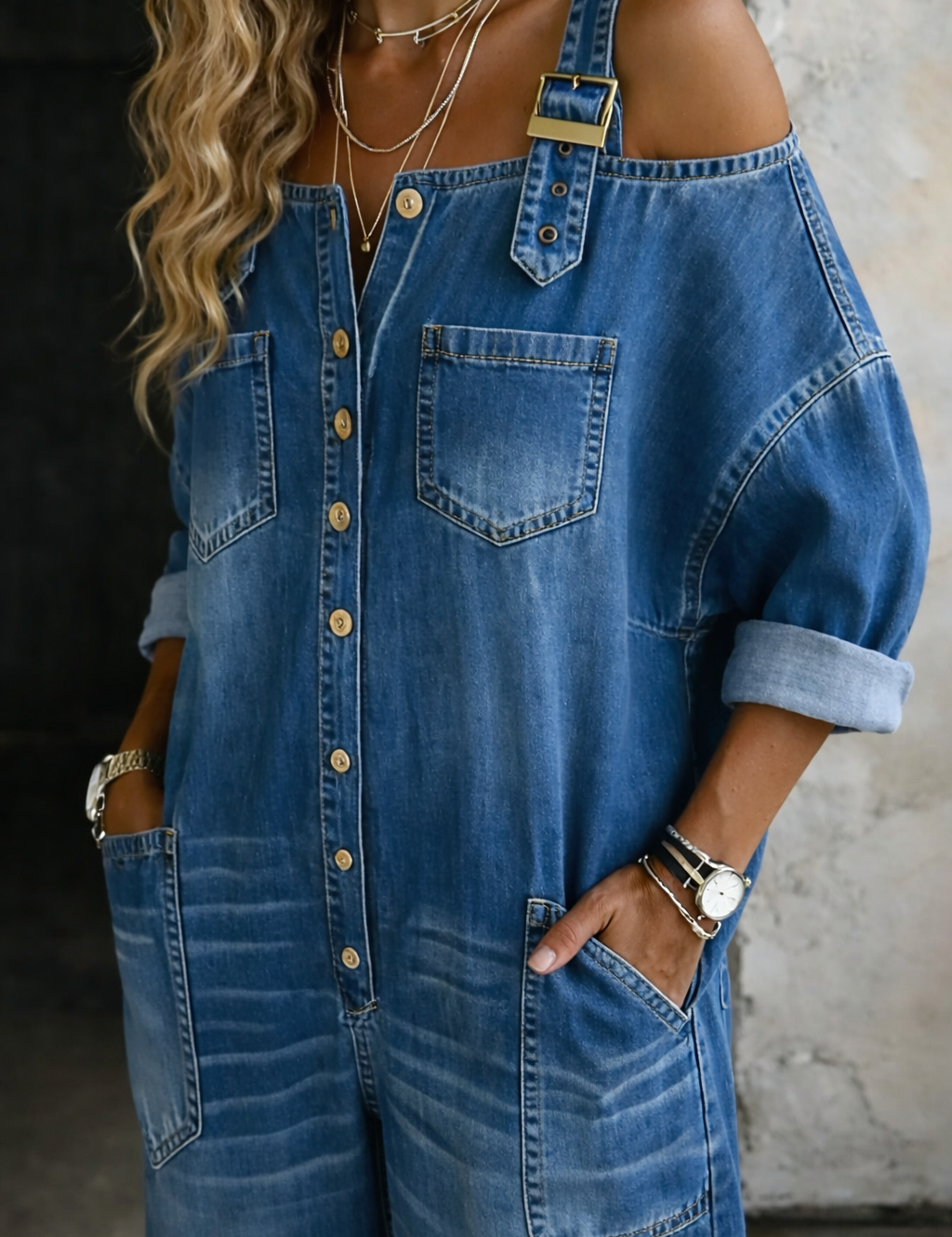 Sophia | Combinaison Denim Épaules Dénudées