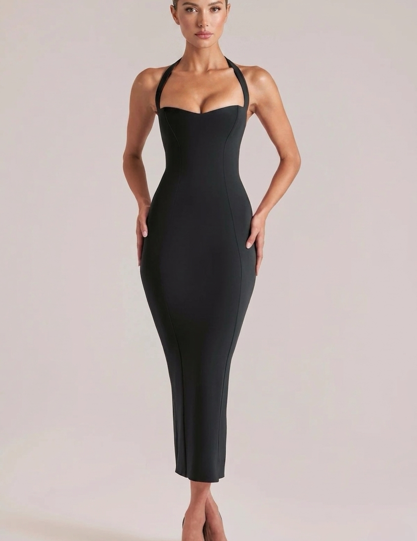 Clara | Halter Sweetheart Midi Sculpting with Fluted Hem Dress