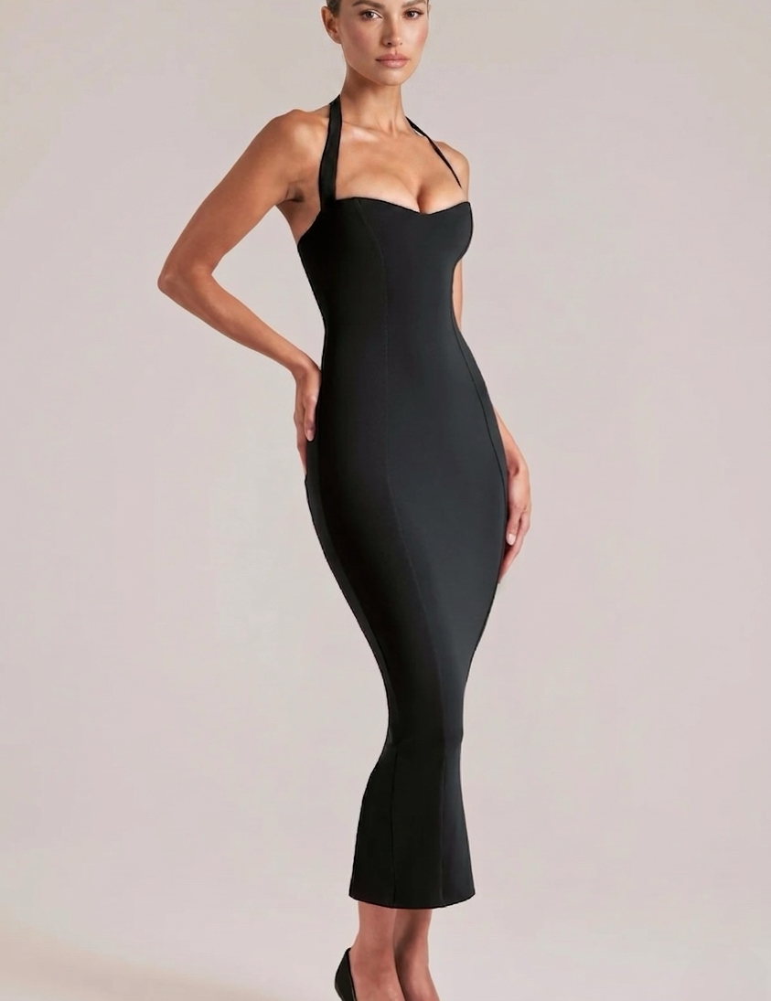 Clara | Halter Sweetheart Midi Sculpting with Fluted Hem Dress