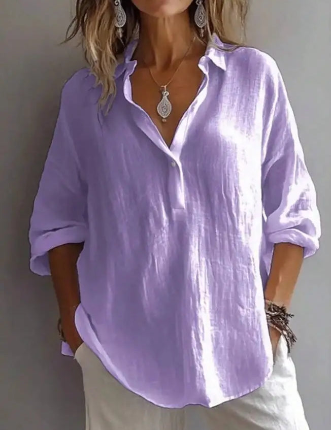 2026 Neue Sommer Damen Weiße Bluse – Modische Freizeitbluse aus Leinenmischung, einfarbig, locker geschnitten, langärmelig mit V-Ausschnitt und Revers für Frauen