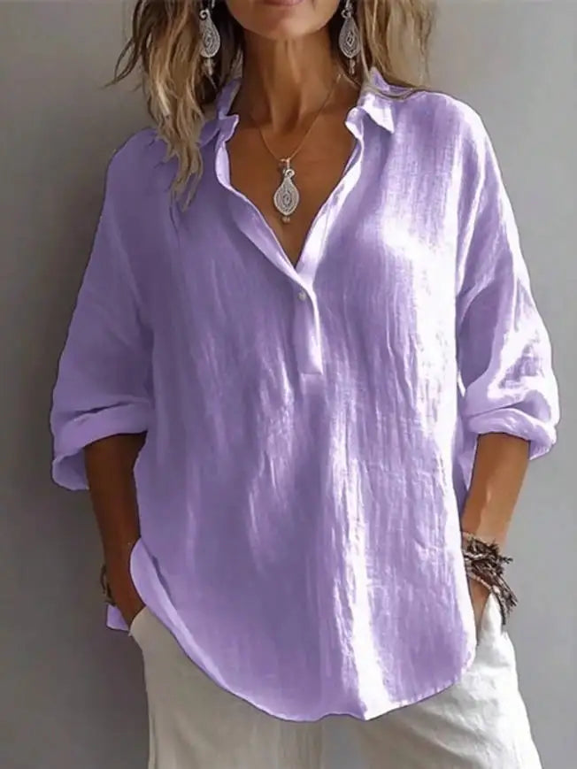 2026 Neue Sommer Damen Weiße Bluse – Modische Freizeitbluse aus Leinenmischung, einfarbig, locker geschnitten, langärmelig mit V-Ausschnitt und Revers für Frauen