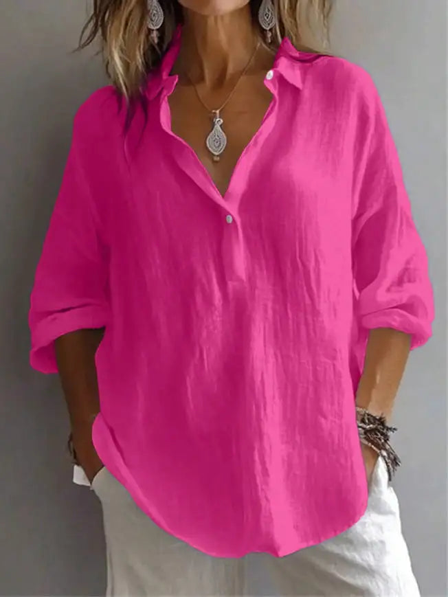 2026 Neue Sommer Damen Weiße Bluse – Modische Freizeitbluse aus Leinenmischung, einfarbig, locker geschnitten, langärmelig mit V-Ausschnitt und Revers für Frauen