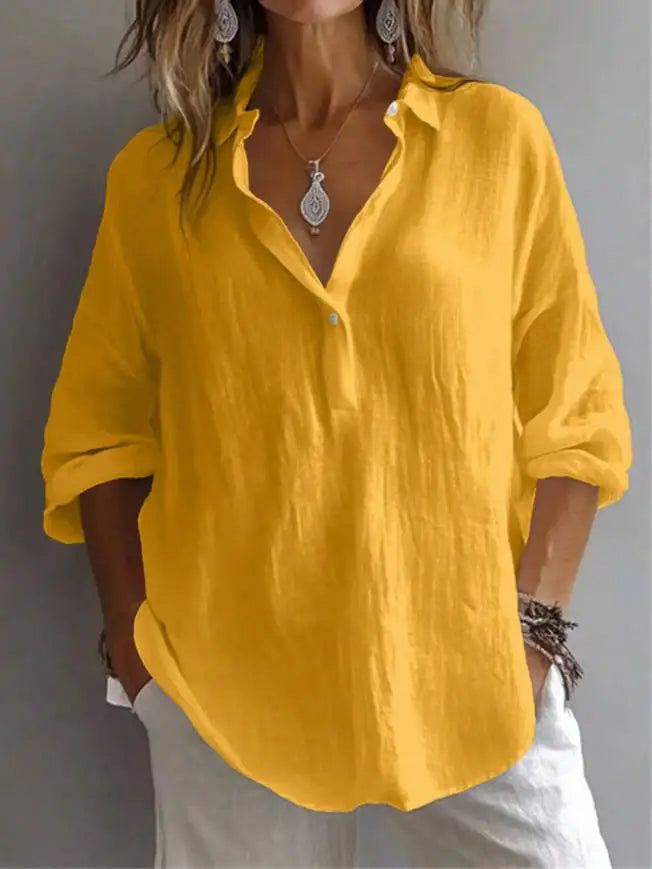 2026 Neue Sommer Damen Weiße Bluse – Modische Freizeitbluse aus Leinenmischung, einfarbig, locker geschnitten, langärmelig mit V-Ausschnitt und Revers für Frauen