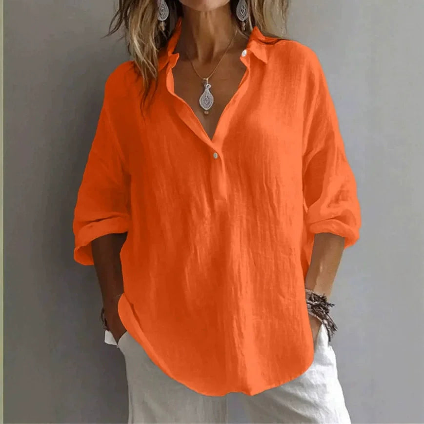 2026 Neue Sommer Damen Weiße Bluse – Modische Freizeitbluse aus Leinenmischung, einfarbig, locker geschnitten, langärmelig mit V-Ausschnitt und Revers für Frauen