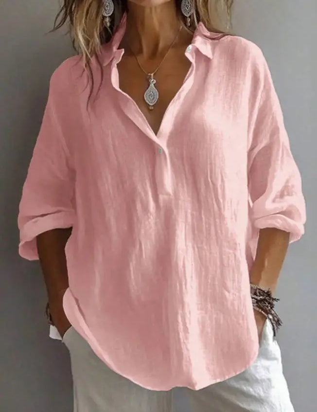2026 Neue Sommer Damen Weiße Bluse – Modische Freizeitbluse aus Leinenmischung, einfarbig, locker geschnitten, langärmelig mit V-Ausschnitt und Revers für Frauen