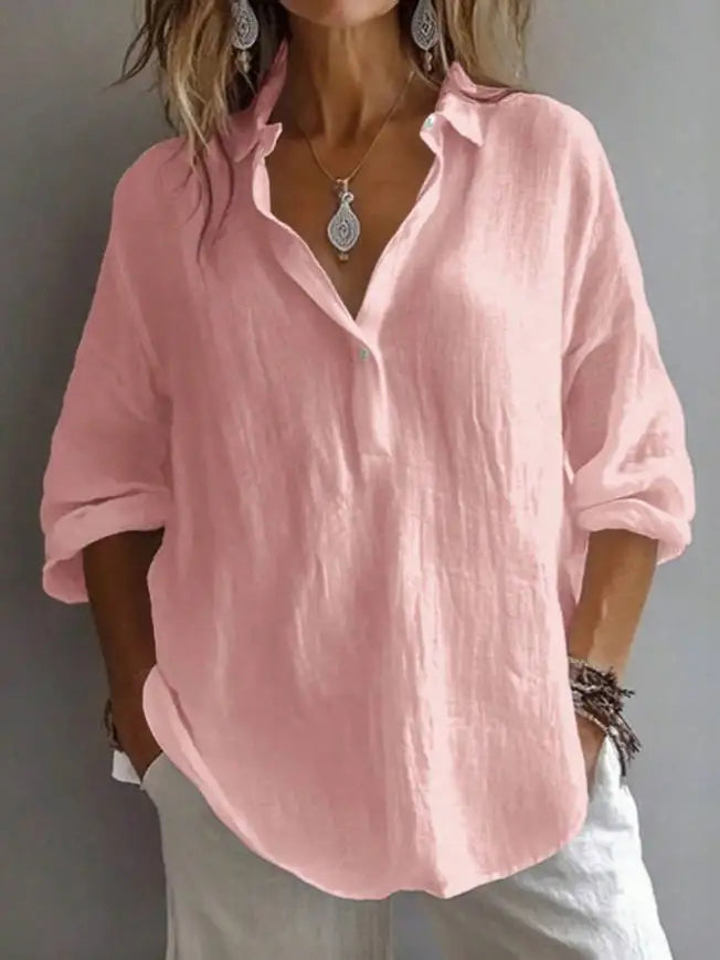 2026 Neue Sommer Damen Weiße Bluse – Modische Freizeitbluse aus Leinenmischung, einfarbig, locker geschnitten, langärmelig mit V-Ausschnitt und Revers für Frauen