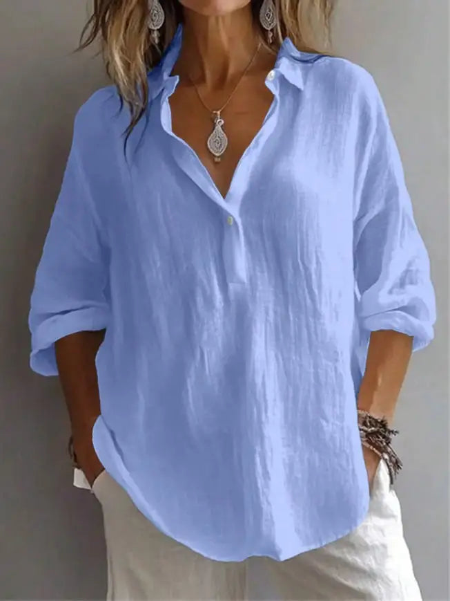 2026 Neue Sommer Damen Weiße Bluse – Modische Freizeitbluse aus Leinenmischung, einfarbig, locker geschnitten, langärmelig mit V-Ausschnitt und Revers für Frauen