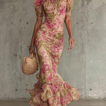 Fiora - Long dress with vintage rose print and puff sleeves