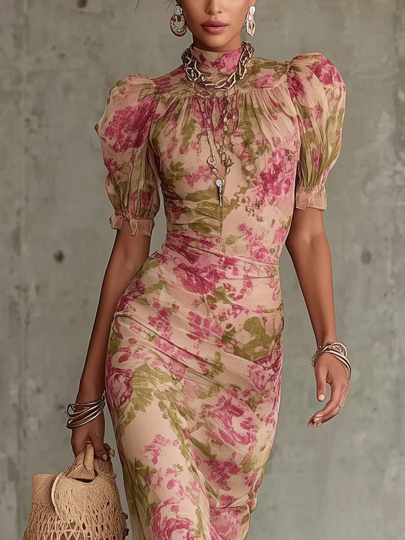 Fiora - Long dress with vintage rose print and puff sleeves