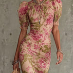 Fiora - Long dress with vintage rose print and puff sleeves