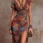 ANDREA - Boho Ruched Midi Dress
